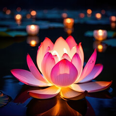 Glowing lotus flower floating on water with lanterns at night
