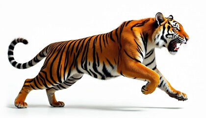 Fototapeta premium Striking photo of a running tiger isolated on white. Powerful big cat shows agility and strength. Orange and black striped fur, a predator in motion.