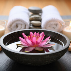 Serene spa setting with pink lotus flower rolled towels and hot stones