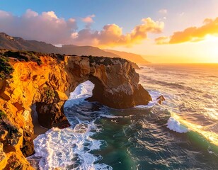 Dramatic ocean arch at sunset, with golden light and crashing waves