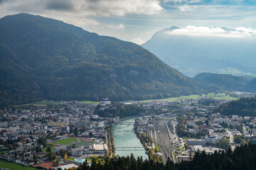 Panoramic view from Thierberg (721 m above sea level) of Kufstein, the Inn Valley, and the Kitzbühel Alps in Tyrol, Austria