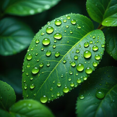 Close up of vibrant green leaves covered in fresh water droplets after rain