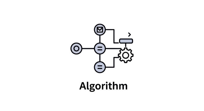 Flat line art icon of an algorithm illustrating a logical process with a flowchart and various symbols.