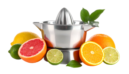Metal citrus juicer surrounded by colorful cut fruit