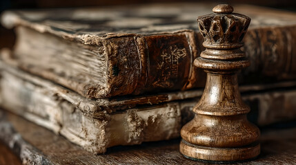 A symbolic still life of timeless objects: a well-used book, a chess piece in warm golden light.