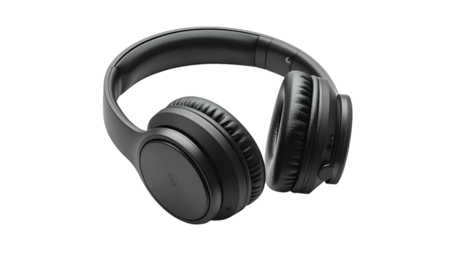 Matte black over-ear headphones, angled view, on black background