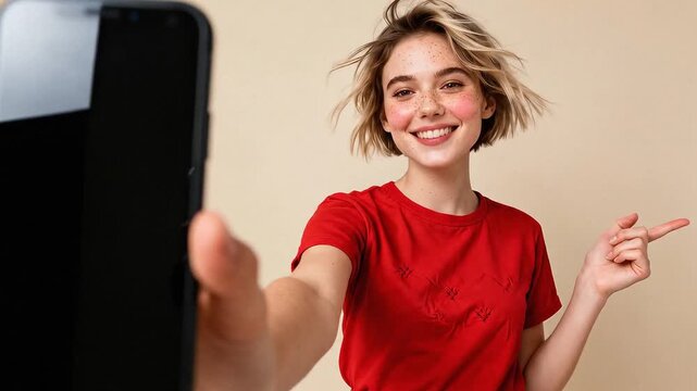 Smiling Caucasian woman holding phone and pointing