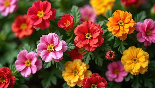 Vibrant portulaca flowers in red pink yellow and orange colors bloom in a garden. Delicate petals on moss rose plants create a rich natural display. Green leaves surround the blooming plants.