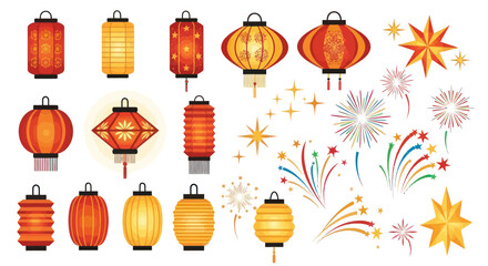 A vibrant collection of traditional Chinese paper lanterns and festive fireworks illustrations. © Rizal