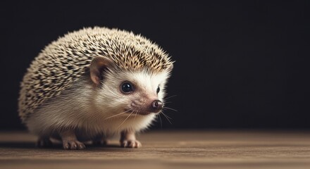 Charming close-up portrait of a cute hedgehog on a natural wood surface