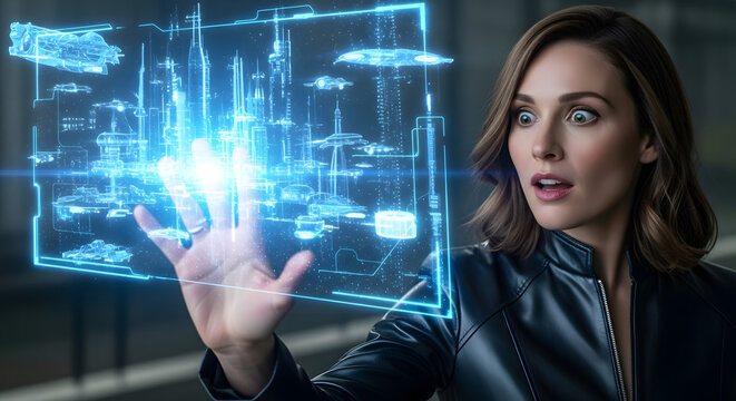 Woman interacting with futuristic holographic display showing complex city structures and spaceships