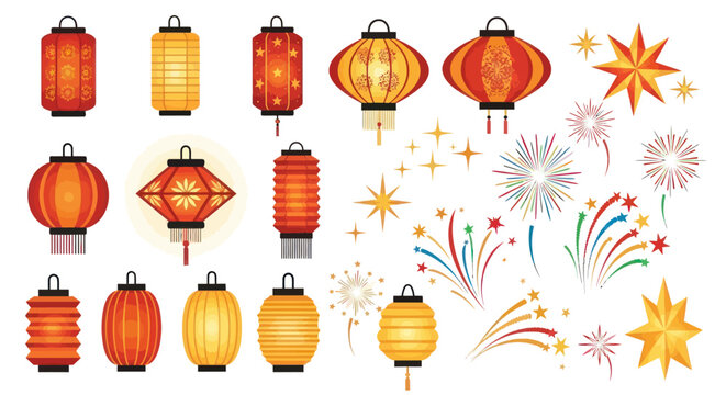 A vibrant collection of traditional Chinese paper lanterns and festive fireworks illustrations.
