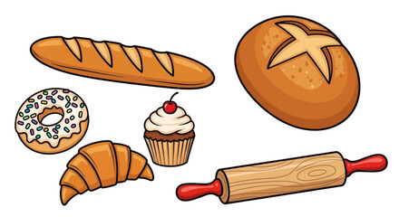 Assortment of freshly baked bread pastries and a rolling pin illustration.