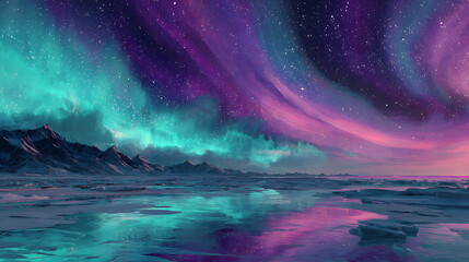 Fototapeta premium Vivid cosmic aurora horizon in teal, magenta, and violet for sci‑fi wallpapers, festival visuals, digital art displays, or immersive background screens on any device