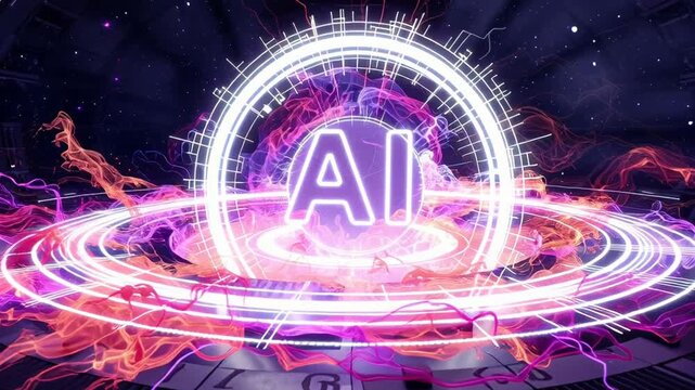 A futuristic AI logo glows with neon and plasma effects in a cosmic setting, representing advanced technology