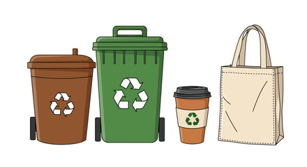 Recycling Containers and Reusable Bag: Brown Bin Green Bin Coffee Cup and Tote Bag.