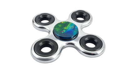 Silver spinner with black weights and iridescent center piece
