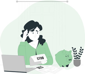 Woman stressed about bills with laptop piggy bank and papers finance money