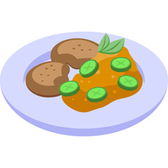 Plate of Brown Meatballs with Orange Curry Sauce and Sliced Cucumbers and Green Basil Leaves on a Light Blue Plate with Transparent Background