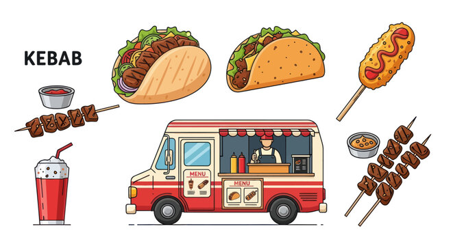 Colorful street food illustration set featuring a kebab food truck tacos and grilled skewers.
