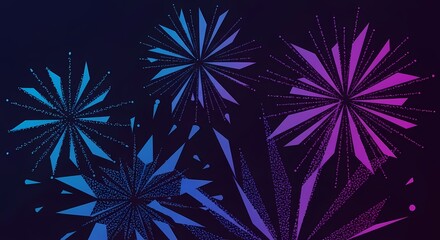 Abstract digital fireworks exploding in a dark night sky with vibrant blue and purple colors.