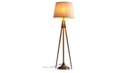 Lit floor lamp tripod legs, pleated shade, soft glow on black