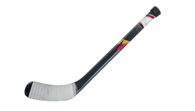 Hockey stick angled, white tape on blade, red and yellow decor