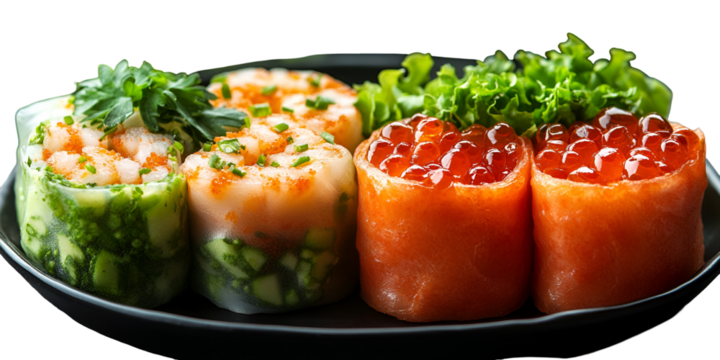 Assortment of colorful spring rolls on dark plate