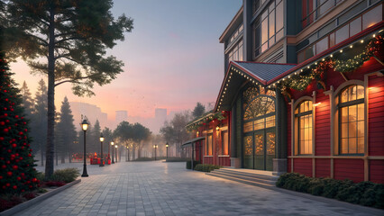 Fototapeta premium Red building with Christmas lights and decorations on a paved walkway at dusk architecture Full HD 4K Video Download 2025 2026