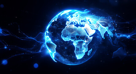 Naklejka premium Glowing Digital World Map with Global Data Connections and Network Lines on Blue Background