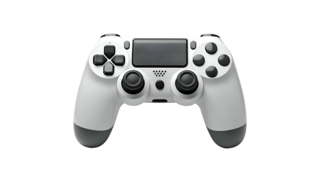 White gamepad controller, angled view, on black background