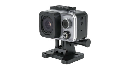 Black and silver action camera with mount facing the viewer