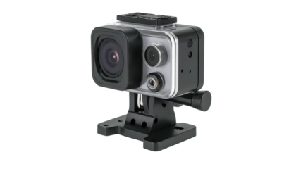 Black and silver action camera with mount facing the viewer