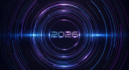 Futuristic digital display showing the year 2026 with vibrant blue and purple light effects and concentric circles.