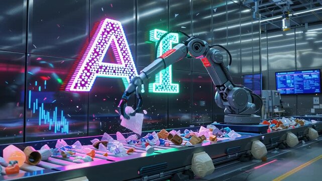 A robotic arm sorts objects on a conveyor belt with AI letters illuminated and data charts, with a screen