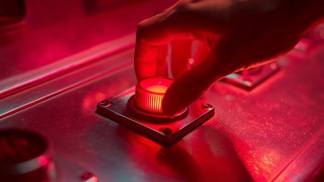 A hand presses a large, glowing red button. The button is mounted on a metal surface, bathed in red light