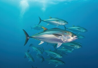 Naklejka premium School of Tuna Swimming Dynamically in the Deep Blue Sea Environment