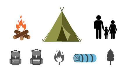 Camping Icons: Bonfire Tent Family Backpacks Sleeping Bag and Tree.