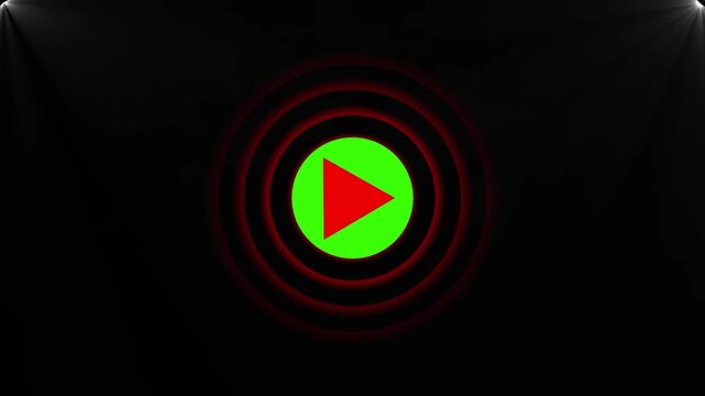 Media player button icon animation on black background. Abstract red color play button animated with radio waves.