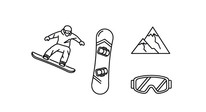 Snowboarding Elements Line Art Icons: Snowboarder Board Mountain Goggles.