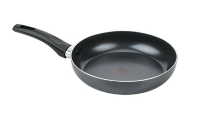Gray frying pan with non-stick interior and black handle