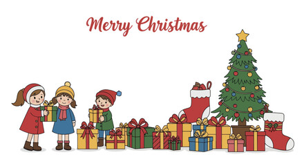 Christmas Scene with Children Presents Tree and Festive Greetings.