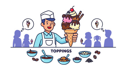 Ice Cream Vendor Holding a Large Cone with Multiple Scoops and Toppings.