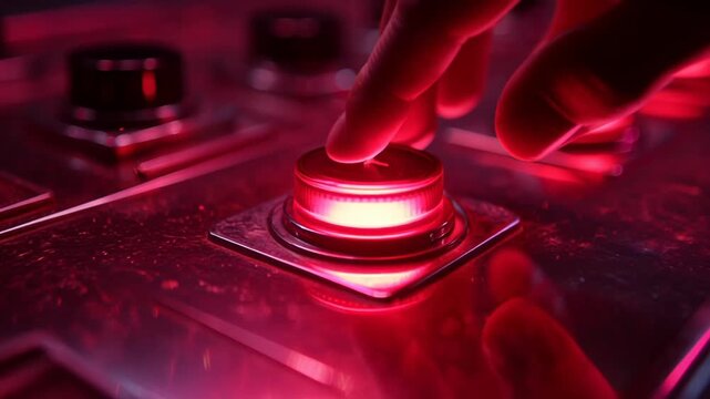 A glowing red button on a metallic surface, hand poised to press it. The scene is illuminated by red light