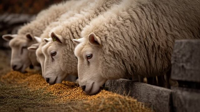 A close-up view shows a row of sheep, heads down, eating from a trough. Their wool is thick and fluffy