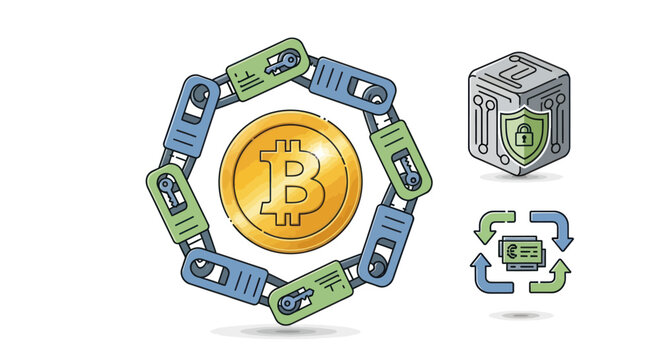 Digital Bitcoin Cryptocurrency Blockchain Security and Transaction Icons.