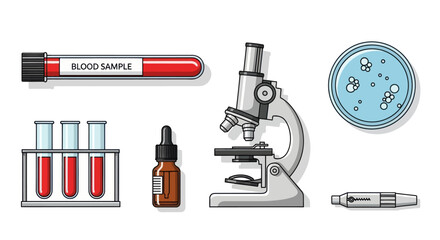 Medical Laboratory Equipment: Microscope Blood Samples and Vials.