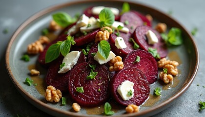 Beetroot salad on plate. Slices of beet, goat cheese and walnuts served with herb garnish. Healthy food dish for lunch in vegan restaurant. Fresh summer plate rich in fiber and vitamins.