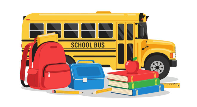 Yellow School Bus with Backpack Lunchbox Books and Apple. - Powered by Adobe