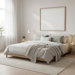 Minimalist bedroom with blank poster frame.